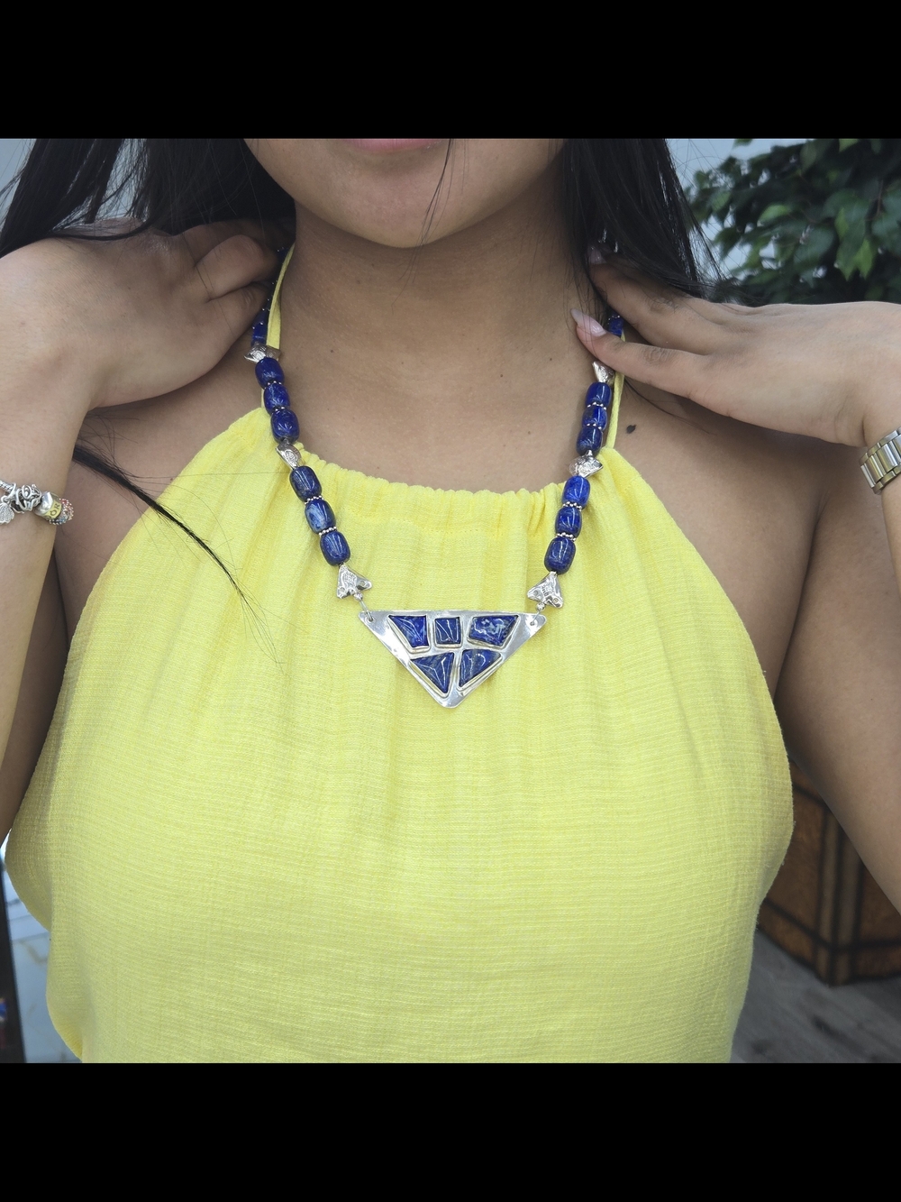 Lapis Lazuli Geometric Pendant Necklace - Women Jewelry .999 Solid Silver.